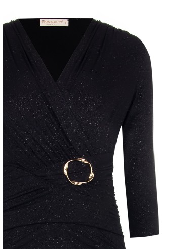 Vestido curto tubinho com glitter, franzido nas laterais e decote em V cruzado Rinascimento