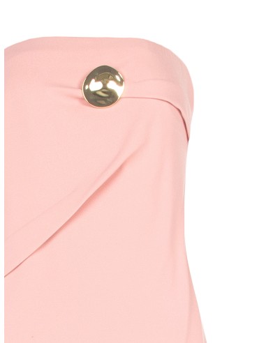 Vestido longo assimétrico em scuba crepe com broche dourado Rinascimento