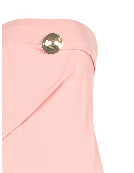Vestido longo assimétrico em scuba crepe com broche dourado Rinascimento