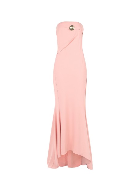 Vestido Longo Assimétrico em Scuba Crepe com Broche Dourado Rinascimento