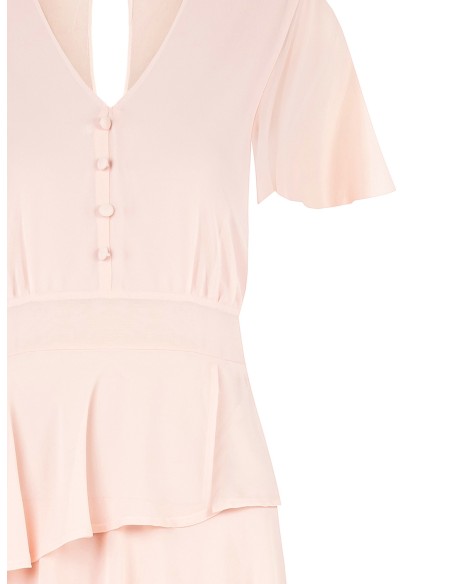 Vestido curto com folhos em georgette, com decote em V e 3 botões Rinascimento