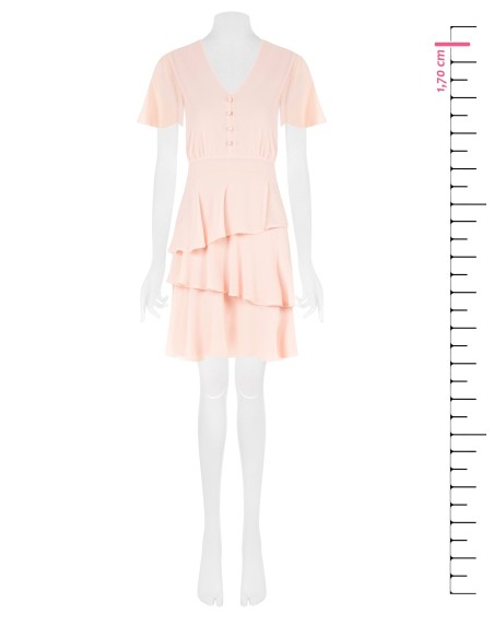Vestido curto com folhos em georgette com decote em V e 3 botões Rinascimento