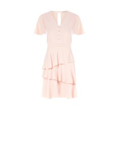 Vestido Curto com Folhos em Georgette com Decote em V e 3 Botões Rinascimento