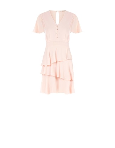 Vestido Curto com Folhos em Georgette com Decote em V e 3 Botões Rinascimento