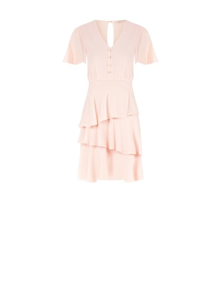 Vestido Curto com Folhos em Georgette com Decote em V e 3 Botões Rinascimento