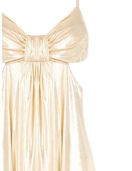 Vestido longo em tecido laminado com recortes nos quadris Rinascimento