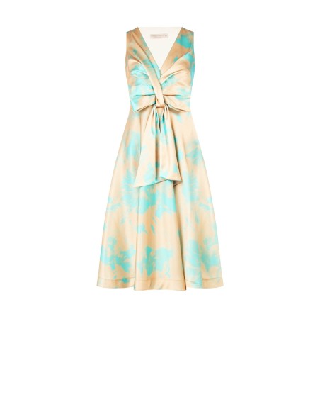 Vestido Midi Rodado em Cetim Crepe com Decote em V Rinascimento