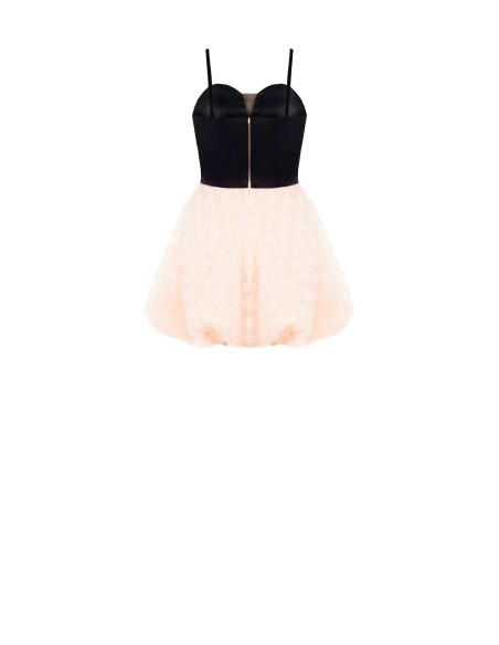 Vestido Curto Balão Com Delicadas Rosas Em Tule Com Efeito Tridimensional E Bustiê Em Cetim Rinascimento