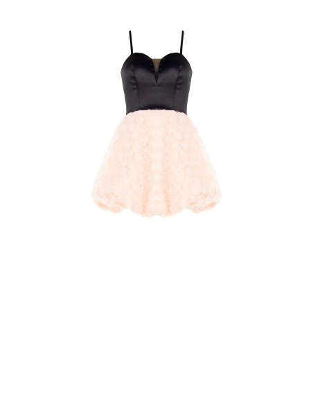 Vestido curto estilo balão com delicadas rosas em tule com efeito tridimensional e corpete em cetim Rinascimento