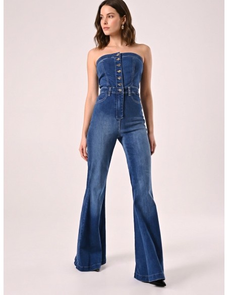 Macacão inteiro com boca de sino em ganga Rinascimento