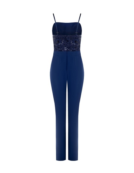 Macacão inteiro de corte reto em tecido bi-stretch e corpete com bordados e lantejoulas Rinascimento