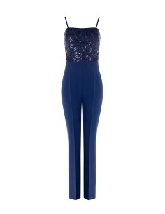 Macacão inteiro reto em tecido bi-stretch e corpete com bordados e lantejoulas Rinascimento