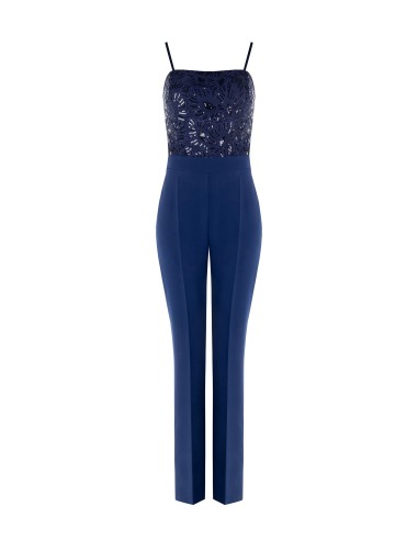 Macacão inteiro reto em tecido bi-stretch e corpete com bordados e lantejoulas Rinascimento