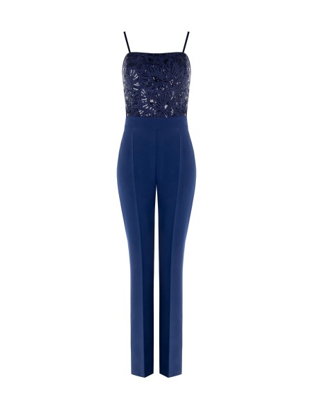 Macacão inteiro reto em tecido bi-stretch e corpete com bordados e lantejoulas Rinascimento