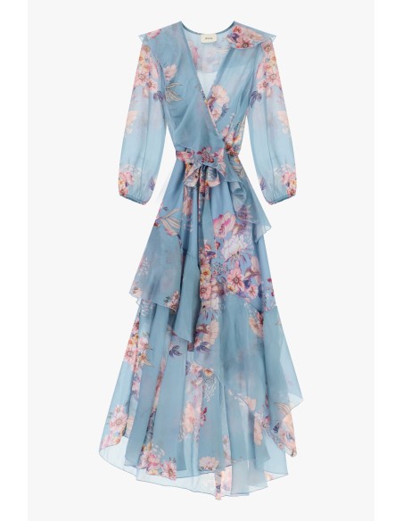 Vestido longo cruzado com estampa floral e folhos Dixie