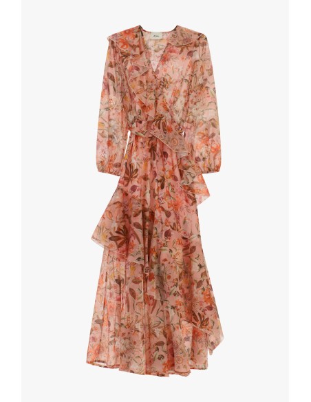 Vestido longo cruzado com folhos e estampa floral Dixie