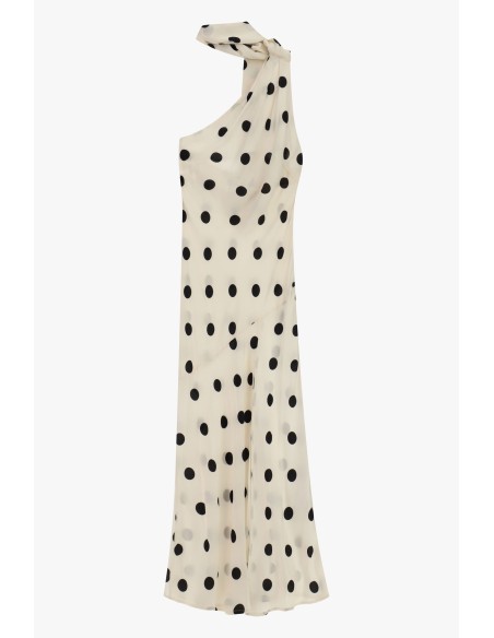 Vestido longo de um ombro só às bolinhas com nó no pescoço Dixie