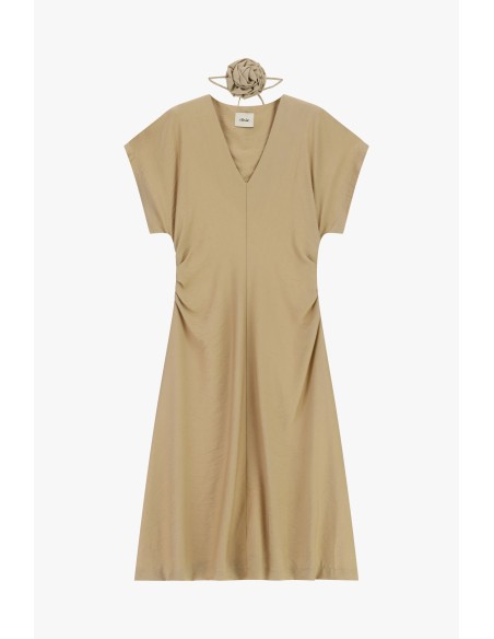 Vestido midi com drapeado lateral e decote em V Dixie