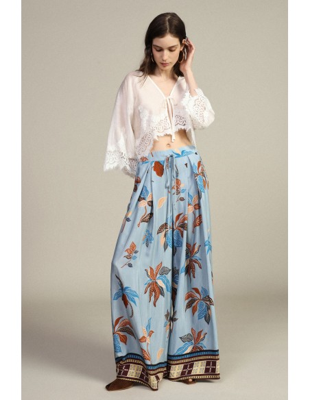 Calças Palazzo Estampadas com Cintura Alta e Cordão Dixie