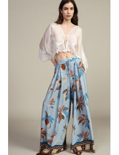 Calças Palazzo Estampadas com Cintura Alta e Cordão Dixie