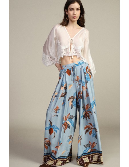 Calças Palazzo Estampadas com Cintura Alta e Cordão Dixie