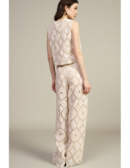 Calças Palazzo Bordadas Com Bolsos Aplicados Dixie