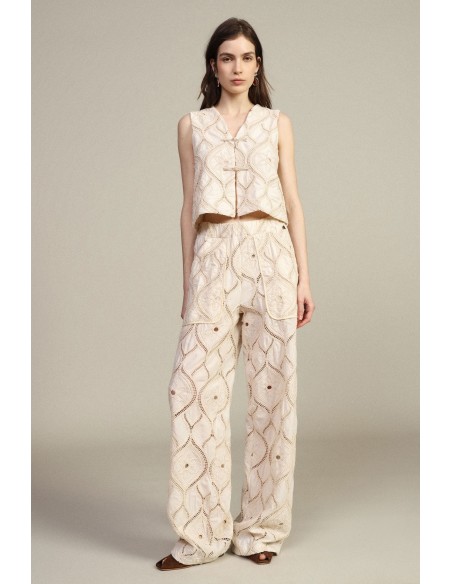 Calças Palazzo Bordadas Com Bolsos Aplicados Dixie