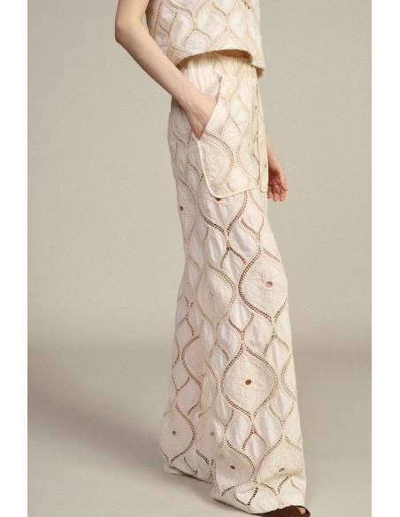 Calças Palazzo Bordadas com Bolsos Aplicados Dixie