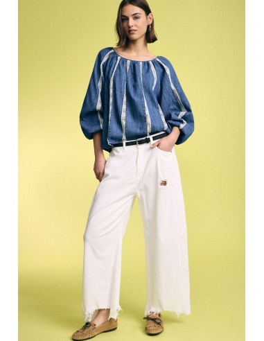 Calças palazzo de cintura alta com bainha desfiada Please