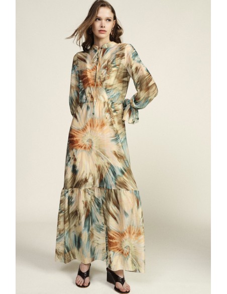 Vestido Longo Estampa Aquarela com Mangas Franzidas Dixie