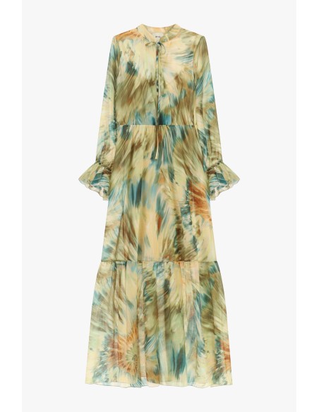 Vestido longo com estampa aquarela e mangas franzidas Dixie
