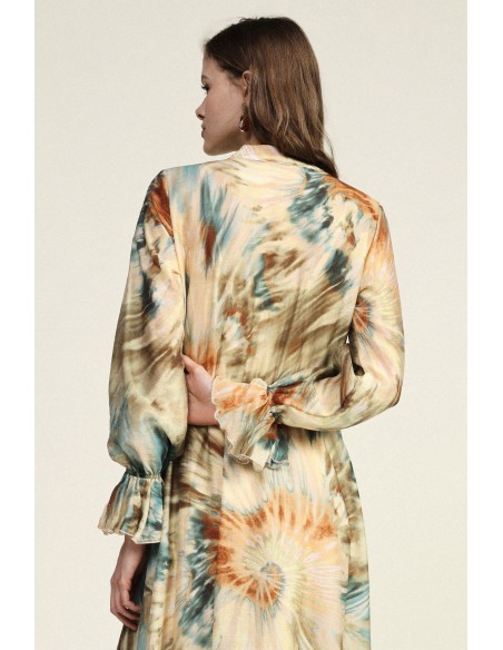 Vestido Longo Estampa Aquarela com Mangas Franzidas Dixie