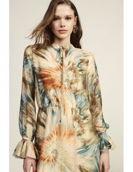 Vestido longo estampado aquarela com mangas franzidas Dixie
