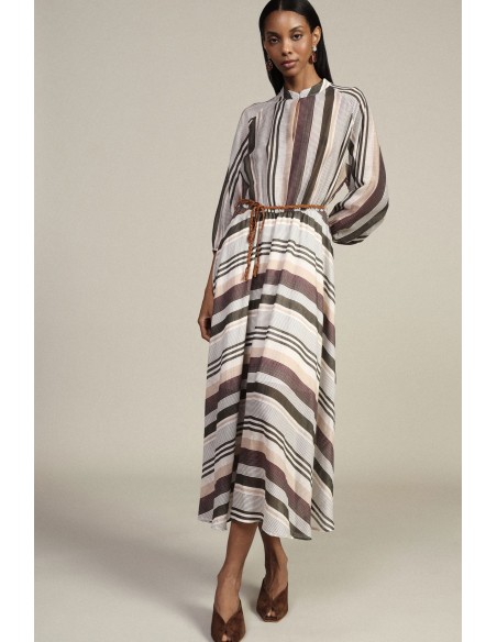 Vestido Longo às Riscas com Cinto Trançado Dixie