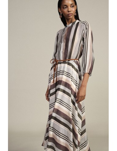 Vestido Longo às Riscas com Cinto Trançado Dixie