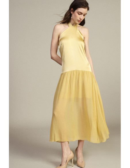 Vestido longo com decote à americana e folho Dixie
