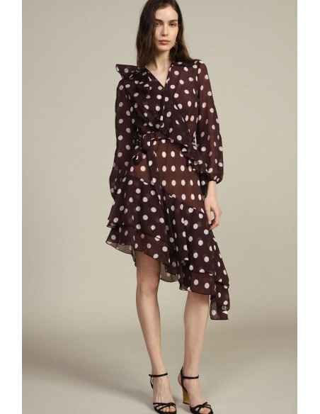 Vestido curto de bolinhas com folhos assimétricos Dixie