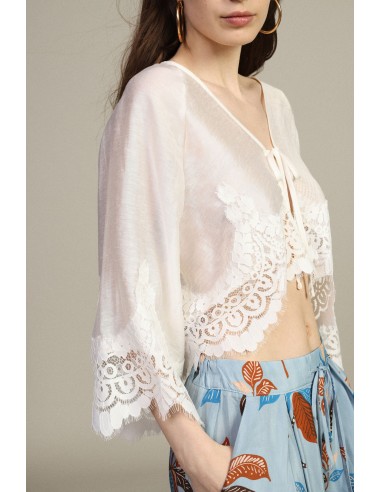 Blusa Curta com Mangas Amplas e Barra em Renda Dixie