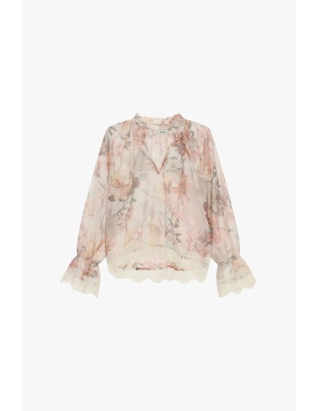 Blusa Floral com Acabamentos em Renda e Mangas Amplas Dixie