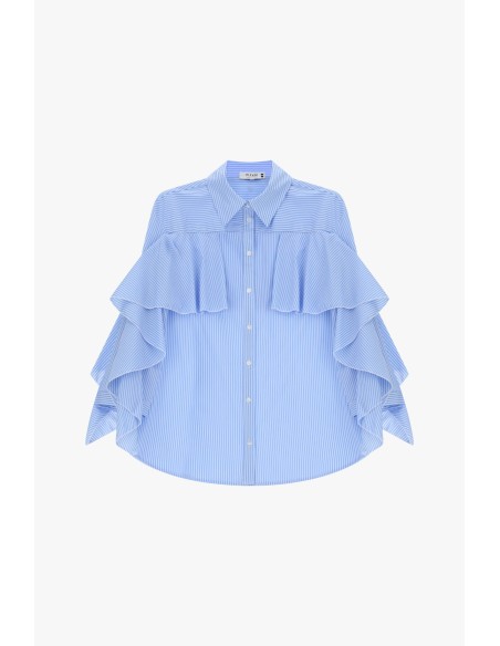Camisa às Riscas com Folhos e Mangas Amplas