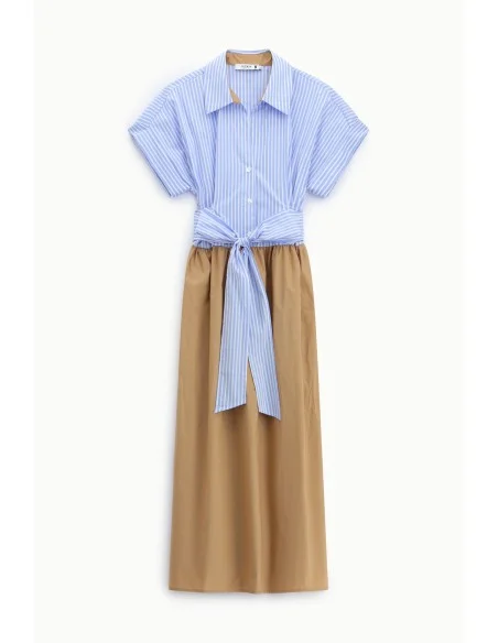 Vestido longo com cinto às riscas e saia lisa Please