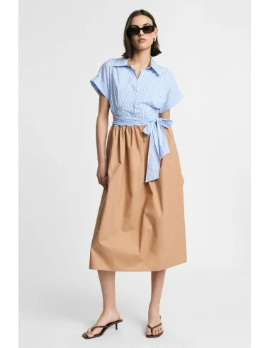 Vestido longo com cinto às riscas e saia lisa Please