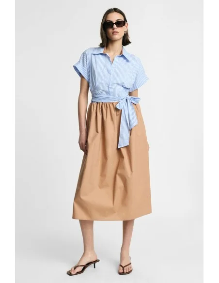 Vestido longo com cinto às riscas e saia lisa Please