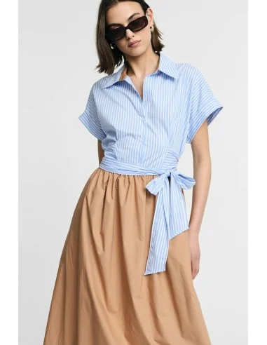 Vestido longo com cinto às riscas e saia lisa Please