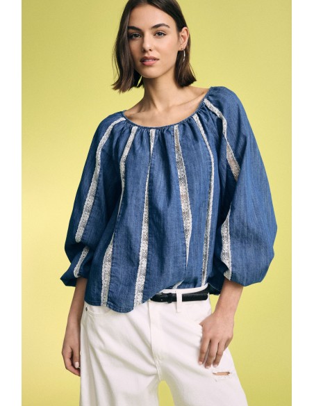 Blusa ampla com inserções às riscas e mangas compridas por favor