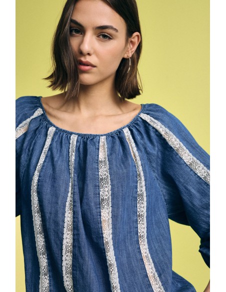 Blusa ampla com insertos às riscas e mangas compridas, por favor