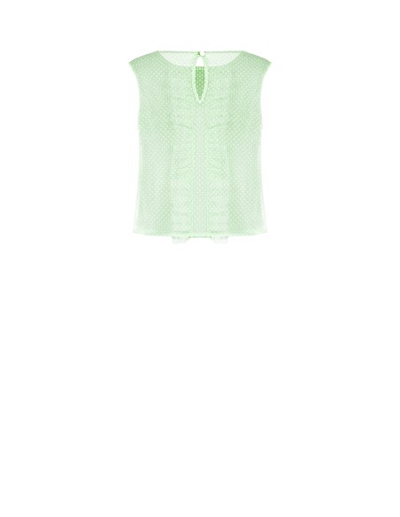 Blusa quadrada transparente em tule com bolinhas e folhos Rinascimento