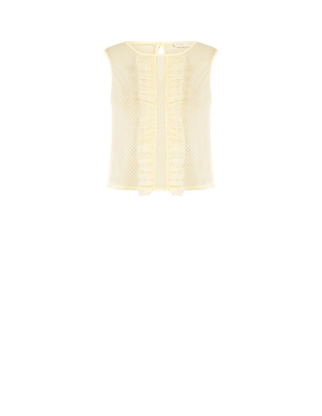Blusa Quadrada Transparente em Tule com Poás e Folhos Rinascimento