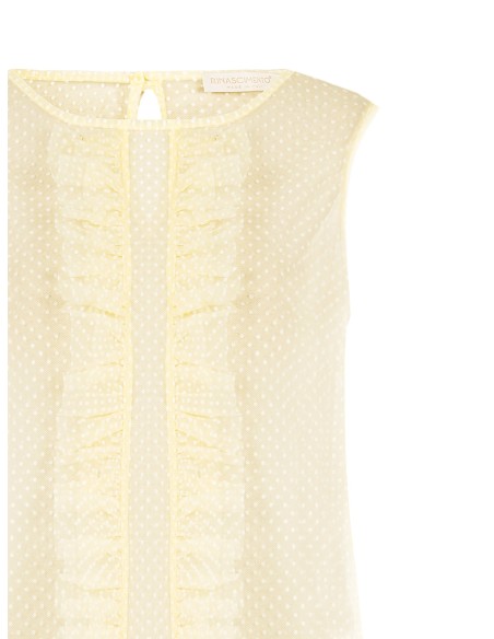 Blusa quadrada transparente em tule de bolinhas com folhos Rinascimento