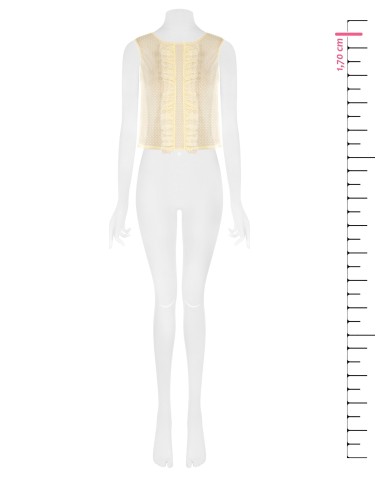 Blusa quadrada transparente em tule com poás e folhos Rinascimento